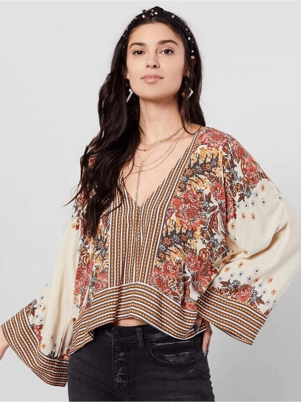 Free People Mix N Match Ivory Floral Peasant Blouse with Rust & Pink Accents